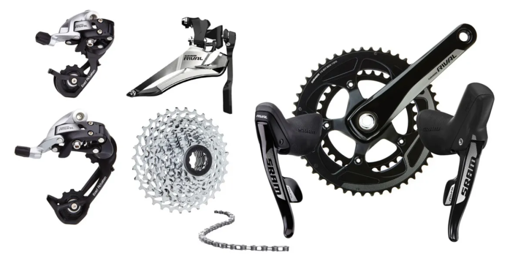 Bike drivetrain - a collection of crankset, chain, derailleurs, cassette, and shifters